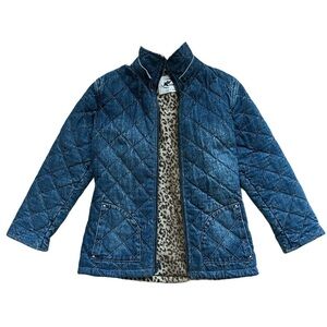 KC Collections Denim Blue Quilted Jacket Leopard Print Lining Zip Up Size 6X